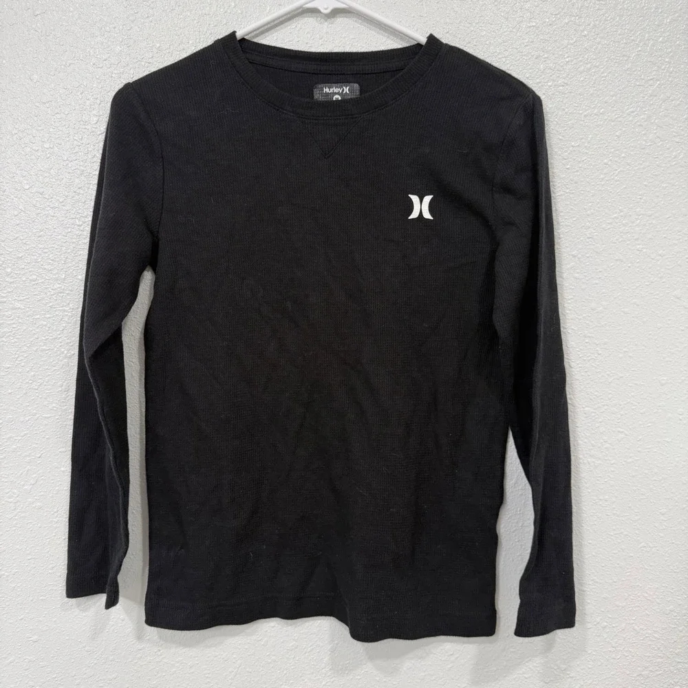 Hurley‎ Boys Medium Black Long Sleeve Waffle Knit Thermal Shirt Logo 6631-023